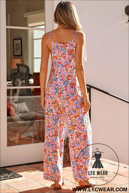 Khaki Floral Print Spaghetti Straps Loose Pocketed Jumpsuit - L.T.C Wear Online Fashion Store
