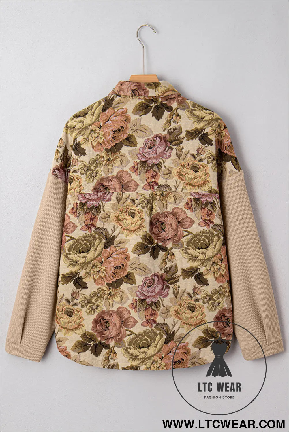 Khaki floral waffle knit patchwork chest pockets buttoned jacket - 15%