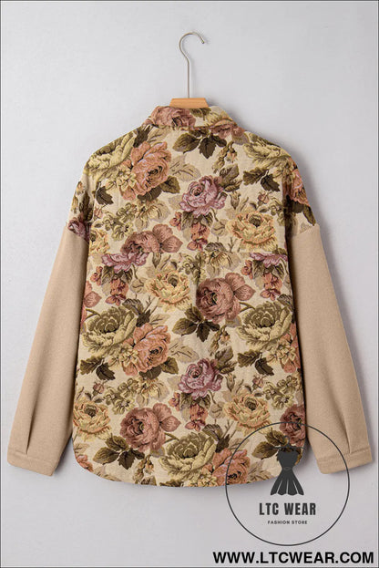 Khaki floral waffle knit patchwork chest pockets buttoned jacket - 15%