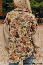 Khaki floral waffle knit patchwork chest pockets buttoned jacket - 15%