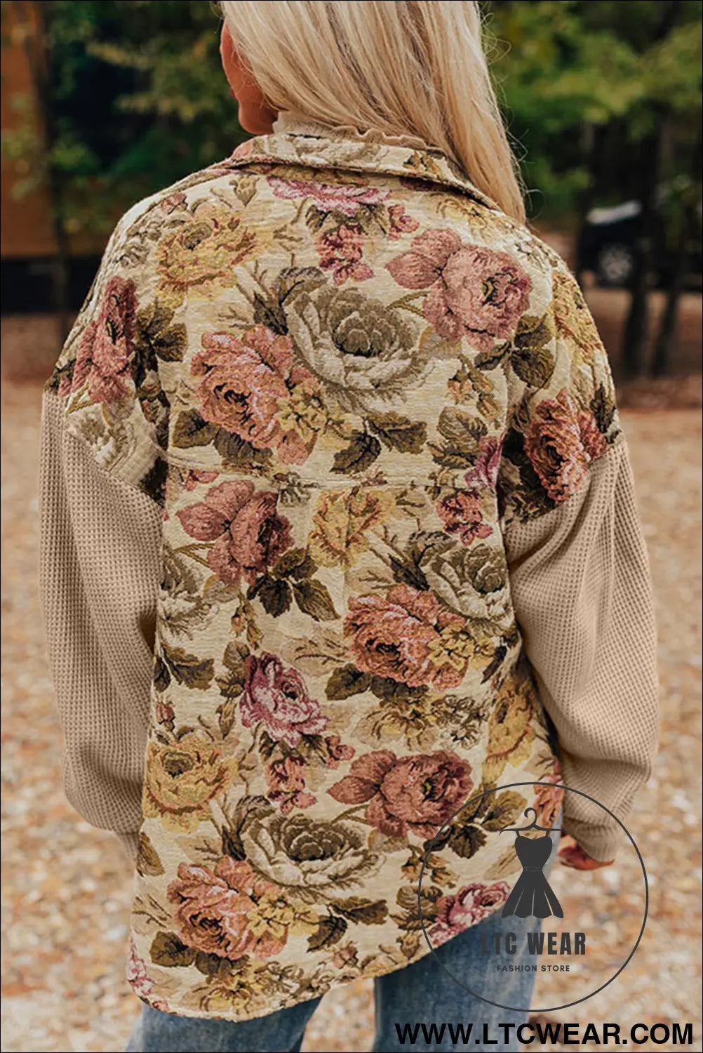 Khaki floral waffle knit patchwork chest pockets buttoned jacket - 15%