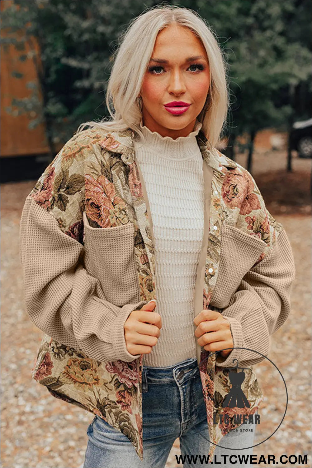 Khaki floral waffle knit patchwork chest pockets buttoned jacket - 15%