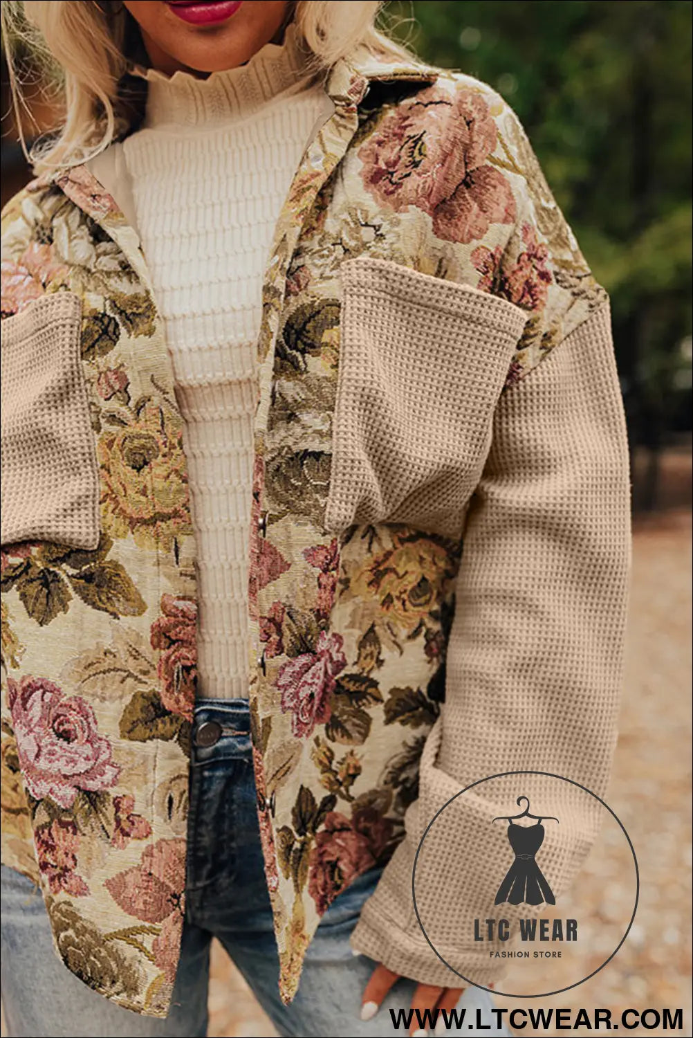 Khaki floral waffle knit patchwork chest pockets buttoned jacket - 15%