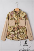 Khaki floral waffle knit patchwork chest pockets buttoned jacket - 15%
