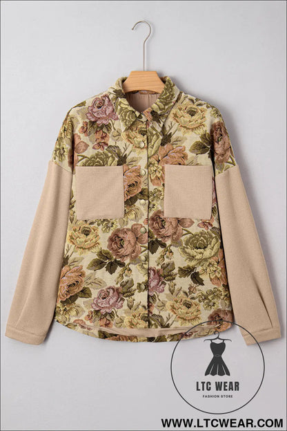 Khaki floral waffle knit patchwork chest pockets buttoned jacket - 15%