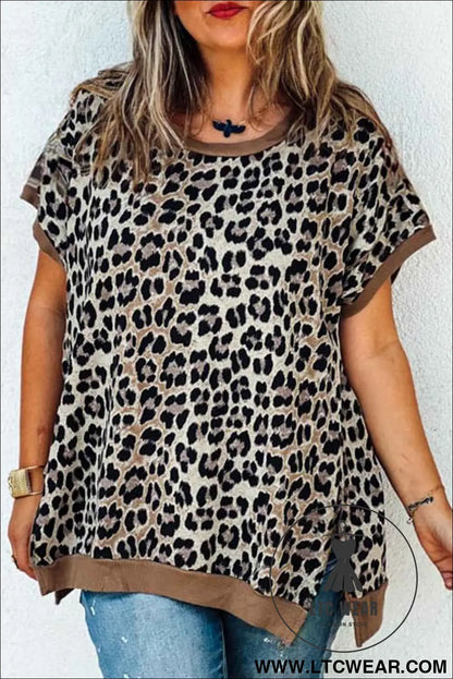 Khaki Leopard Contrast Trim Short Sleeve Loose Plus Size Top