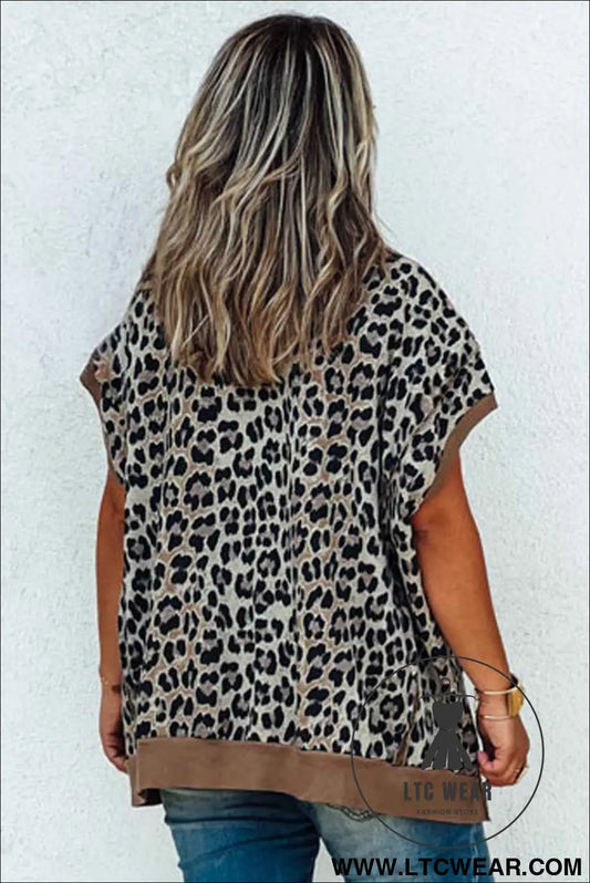 Khaki Leopard Contrast Trim Short Sleeve Loose Plus Size Top