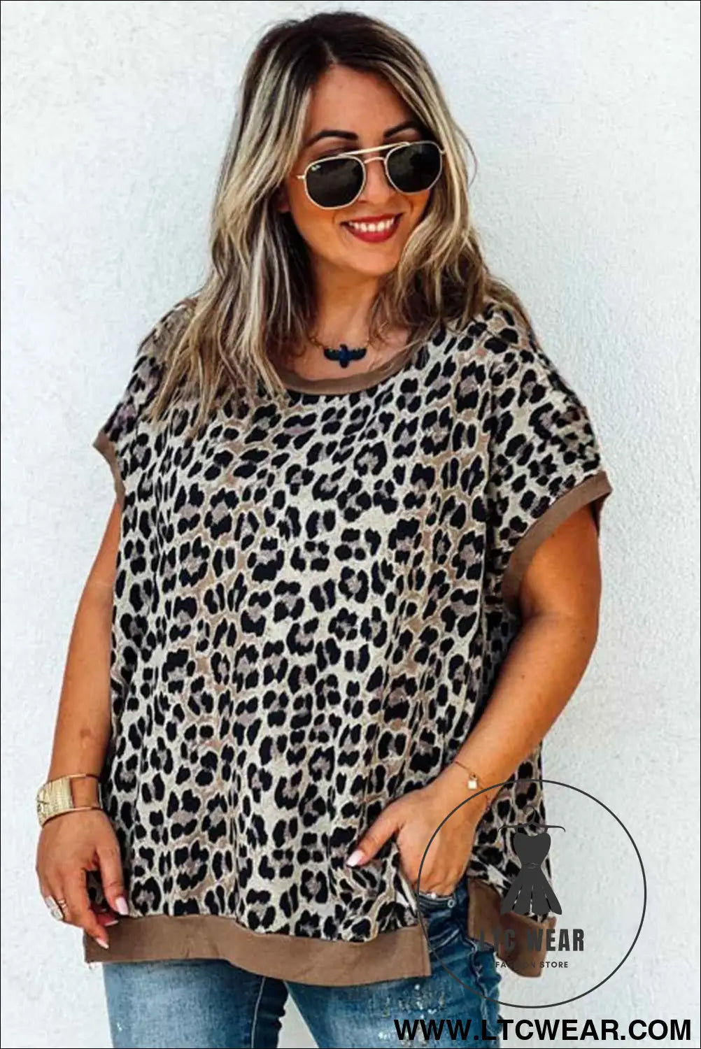 Khaki Leopard Contrast Trim Short Sleeve Loose Plus Size Top