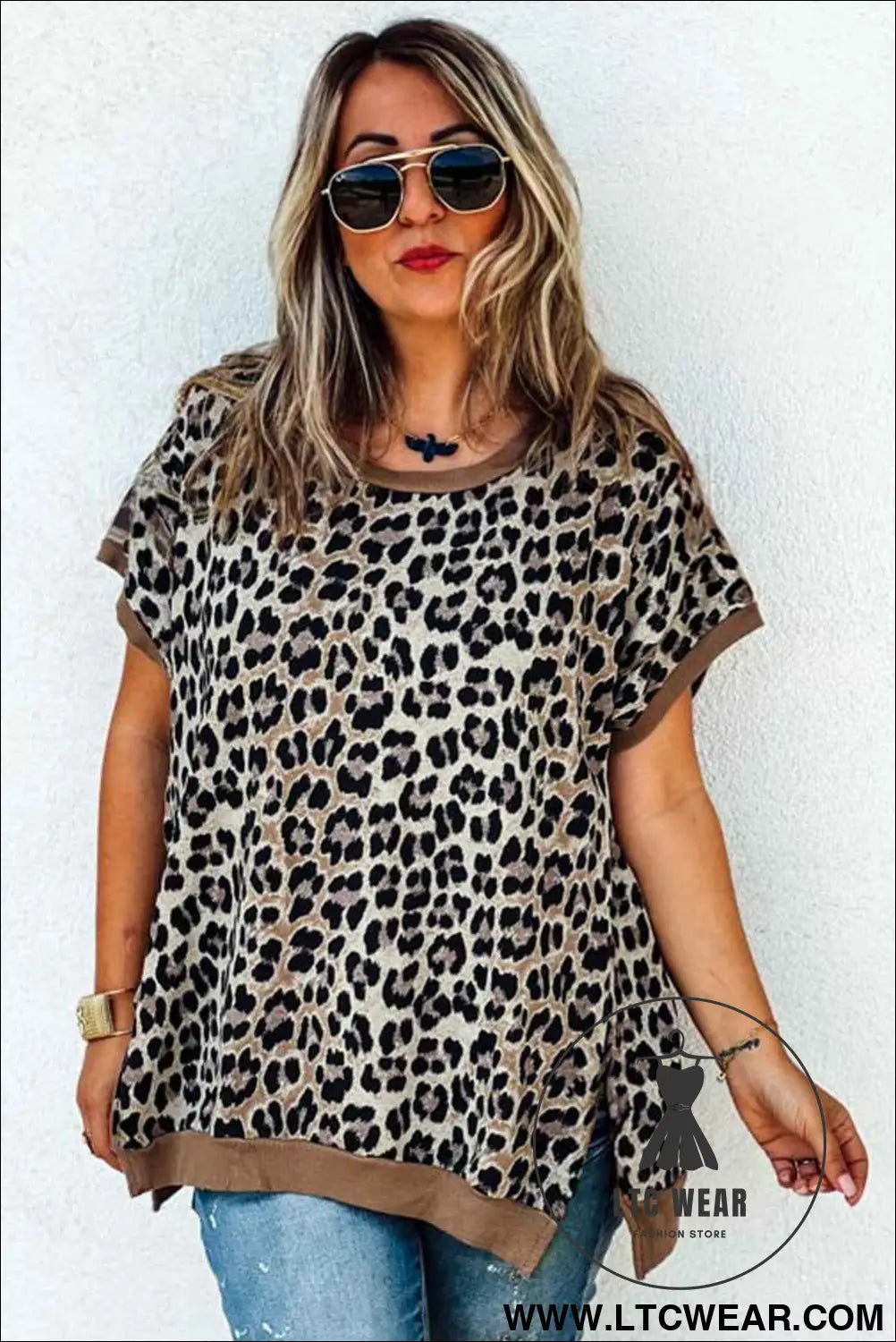 Khaki Leopard Contrast Trim Short Sleeve Loose Plus Size Top