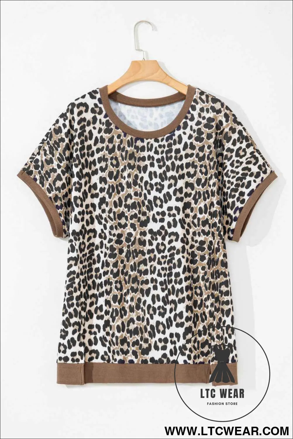 Khaki Leopard Contrast Trim Short Sleeve Loose Plus Size Top