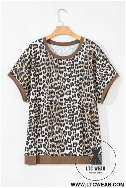 Khaki Leopard Contrast Trim Short Sleeve Loose Plus Size Top