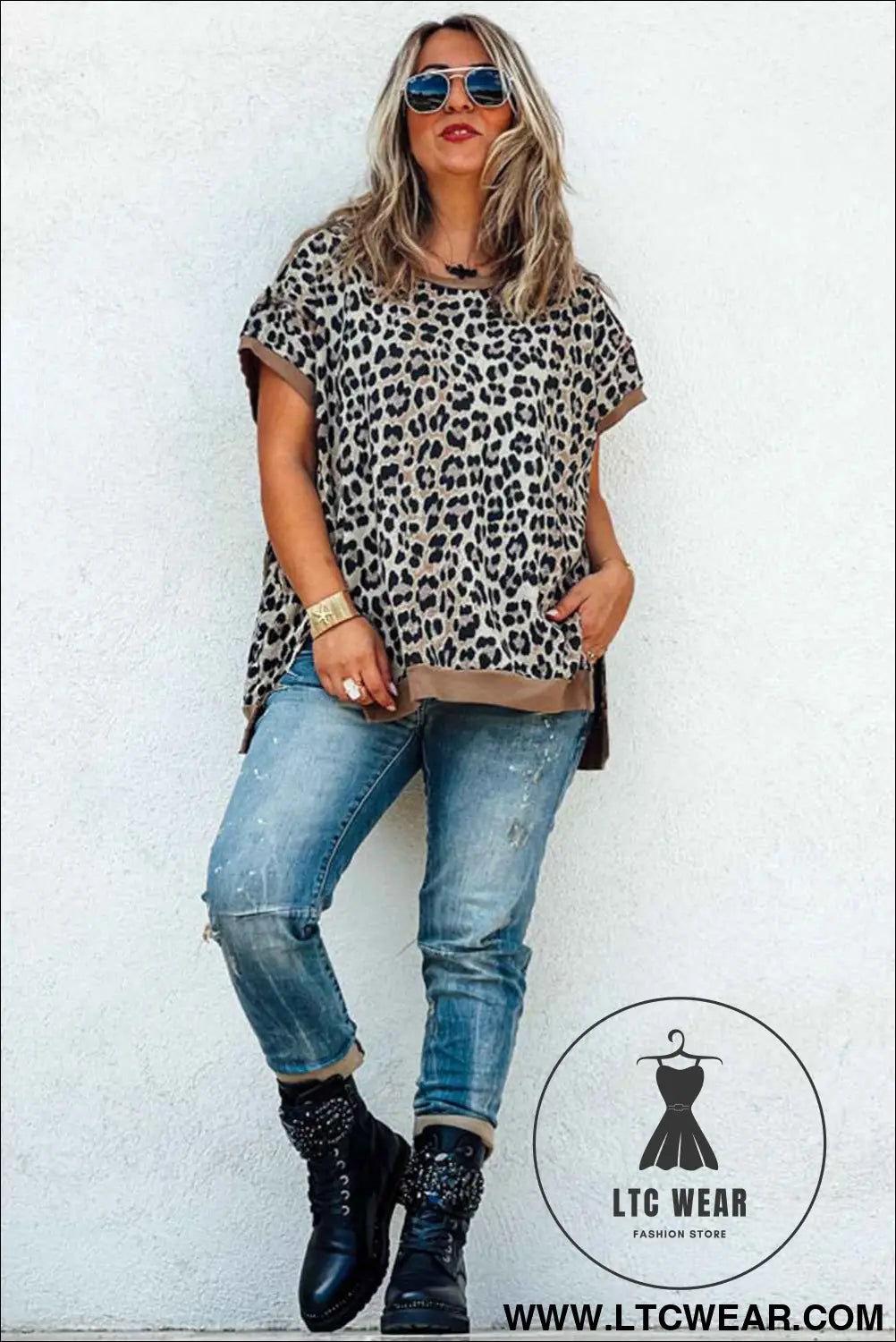 Khaki Leopard Contrast Trim Short Sleeve Loose Plus Size Top