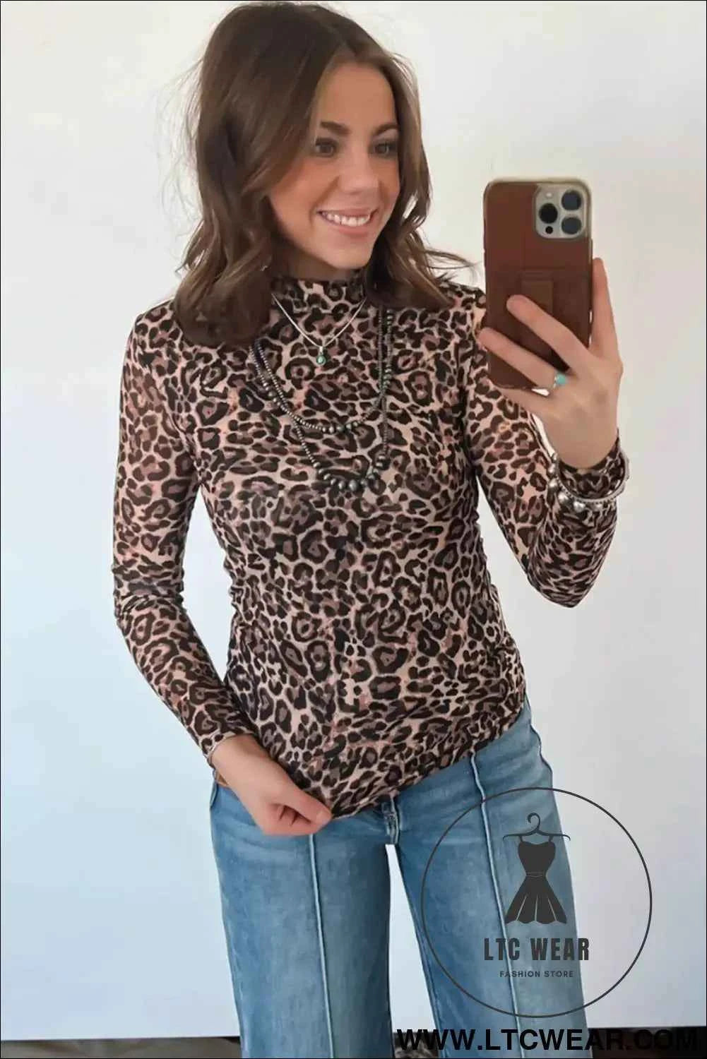 Khaki Leopard High Neck Long Sleeve Western Slim Top