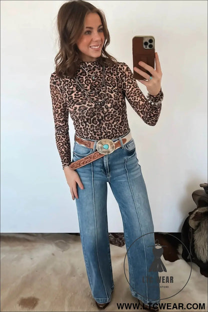 Khaki leopard high neck long sleeve western slim top - long sleeve tops