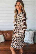 Khaki Leopard Long Sleeve T Shirt Dress with Pockets