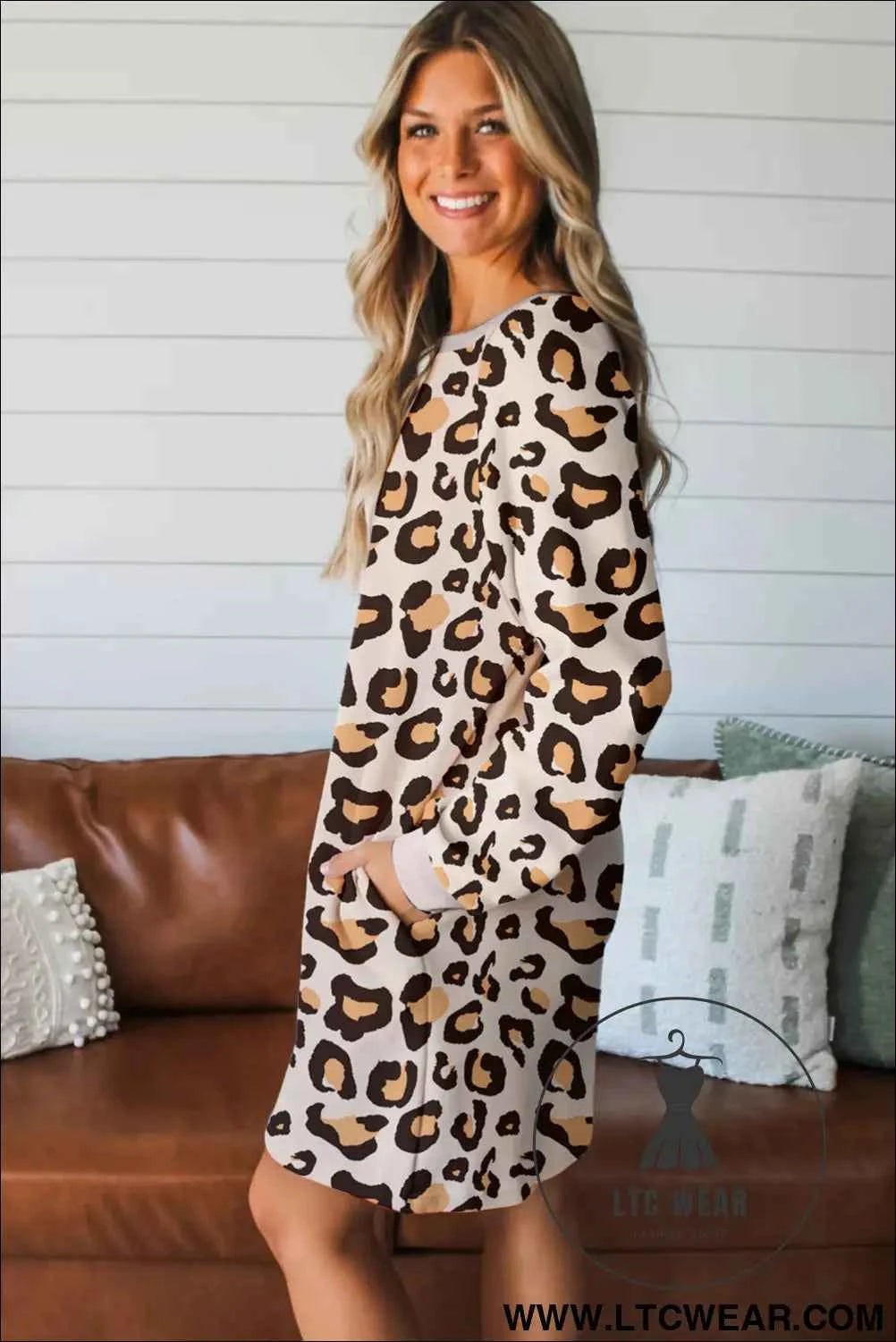 Khaki Leopard Long Sleeve T Shirt Dress with Pockets