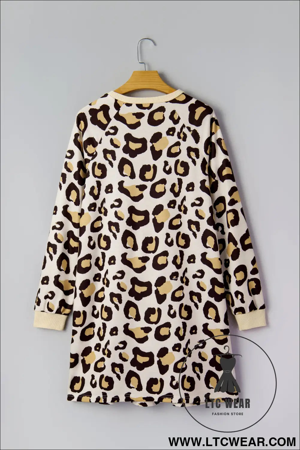 Khaki Leopard Long Sleeve Shift T Shirt Dress with Pockets - L.T.C Wear Online Fashion Store