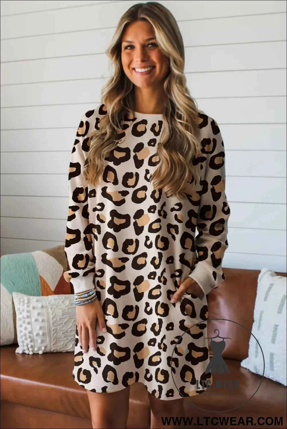 Khaki Leopard Long Sleeve T Shirt Dress with Pockets
