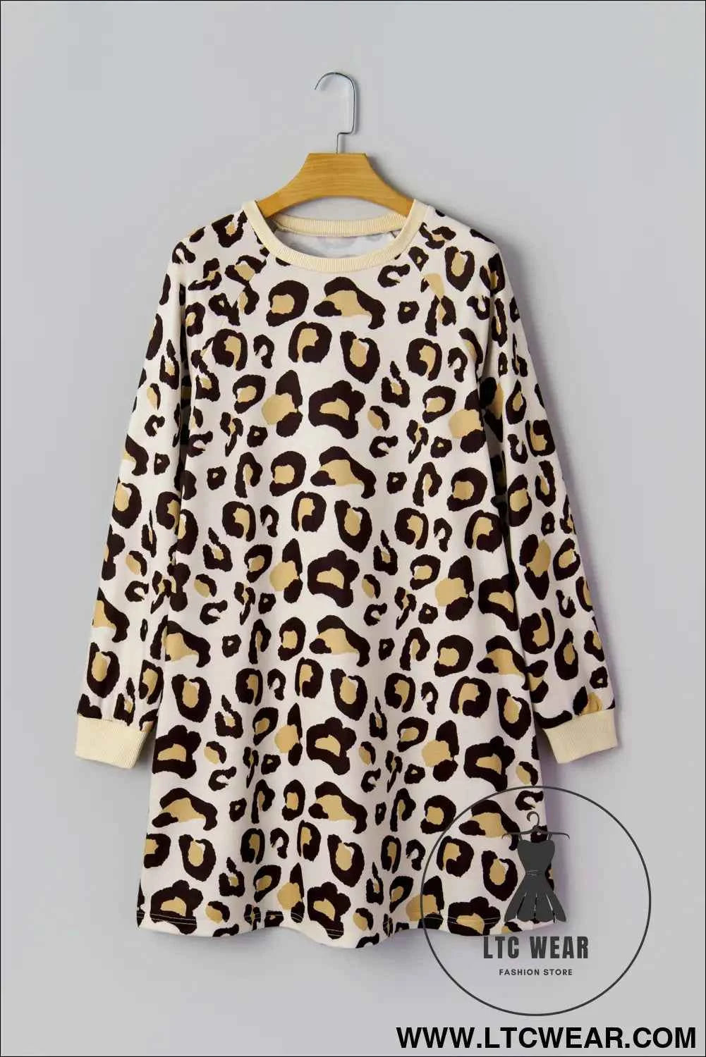 Khaki Leopard Long Sleeve T Shirt Dress with Pockets