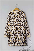 Khaki Leopard Long Sleeve T Shirt Dress with Pockets