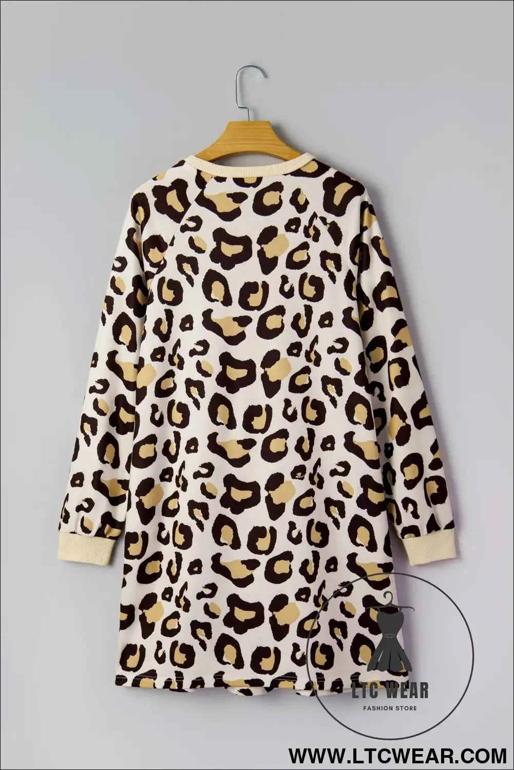 Khaki Leopard Long Sleeve T Shirt Dress with Pockets