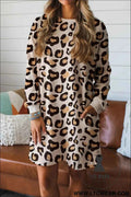 Khaki Leopard Long Sleeve T Shirt Dress with Pockets