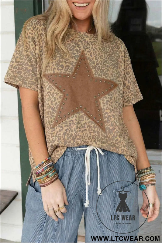 Khaki Leopard Retro Studded Star Patch Loose Tee
