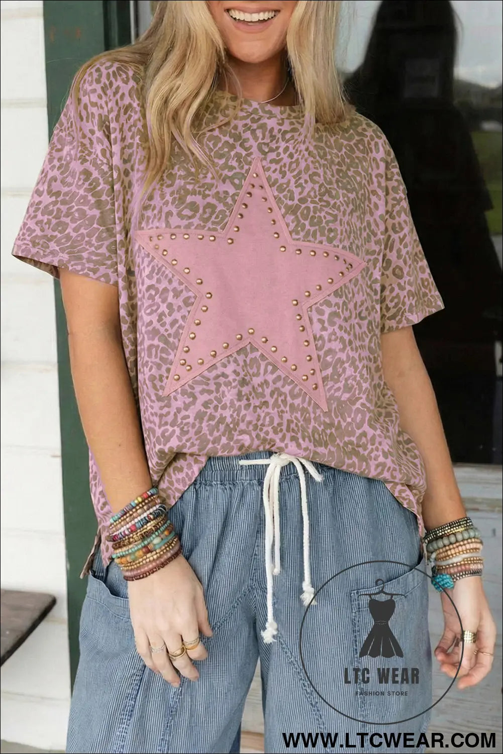 Khaki Leopard Retro Studded Star Patch Loose Tee - L.T.C Wear Online Fashion Store
