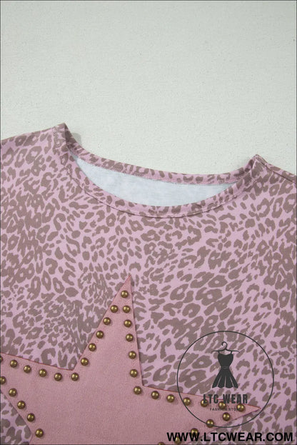 Khaki Leopard Retro Studded Star Patch Loose Tee - L.T.C Wear Online Fashion Store