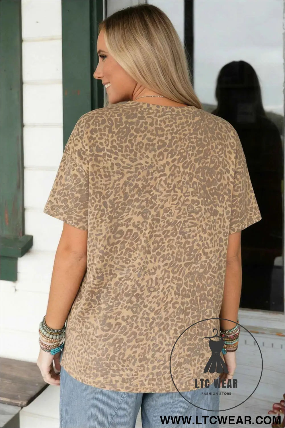 Khaki Leopard Retro Studded Star Patch Loose Tee