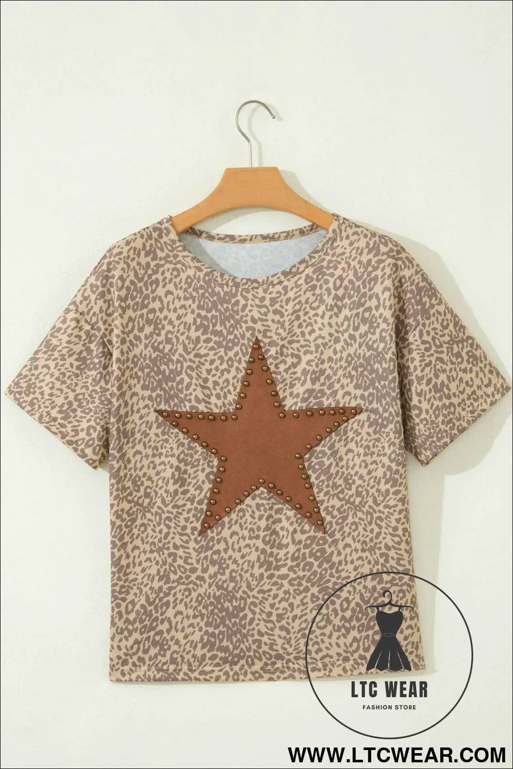 Khaki Leopard Retro Studded Star Patch Loose Tee