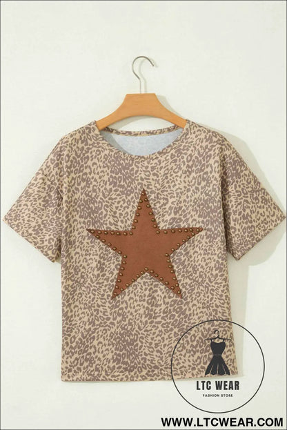 Khaki Leopard Retro Studded Star Patch Loose Tee