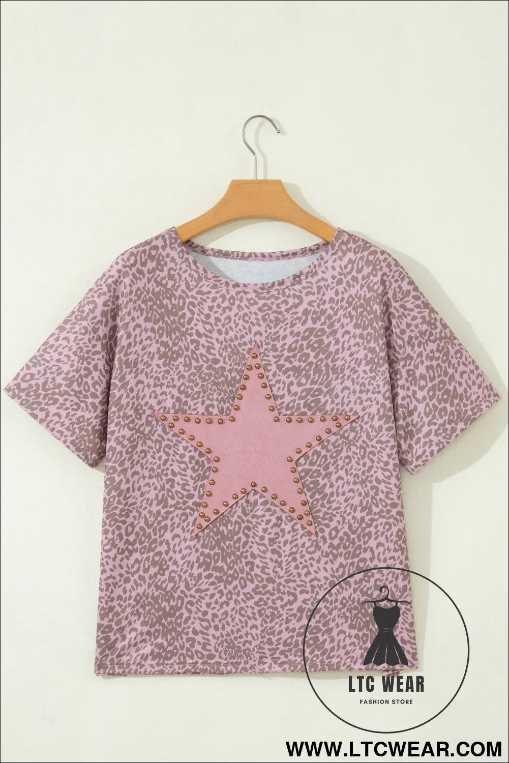 Khaki Leopard Retro Studded Star Patch Loose Tee - L.T.C Wear Online Fashion Store