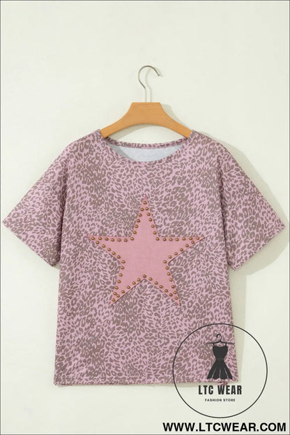 Khaki Leopard Retro Studded Star Patch Loose Tee - L.T.C Wear Online Fashion Store