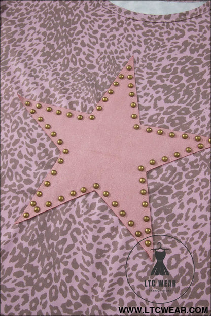 Khaki Leopard Retro Studded Star Patch Loose Tee - L.T.C Wear Online Fashion Store