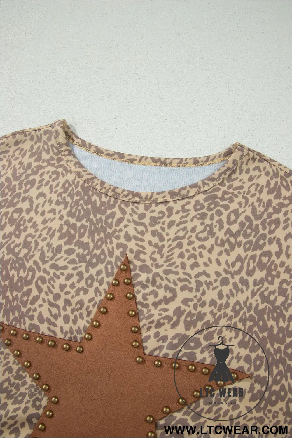 Khaki Leopard Retro Studded Star Patch Loose Tee - L.T.C Wear Online Fashion Store