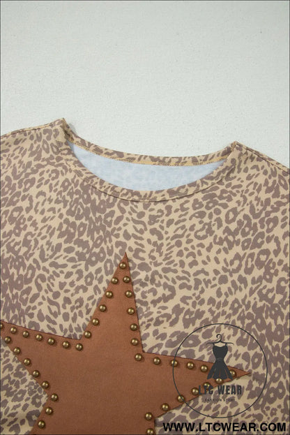 Khaki Leopard Retro Studded Star Patch Loose Tee - L.T.C Wear Online Fashion Store