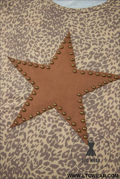 Khaki Leopard Retro Studded Star Patch Loose Tee - L.T.C Wear Online Fashion Store