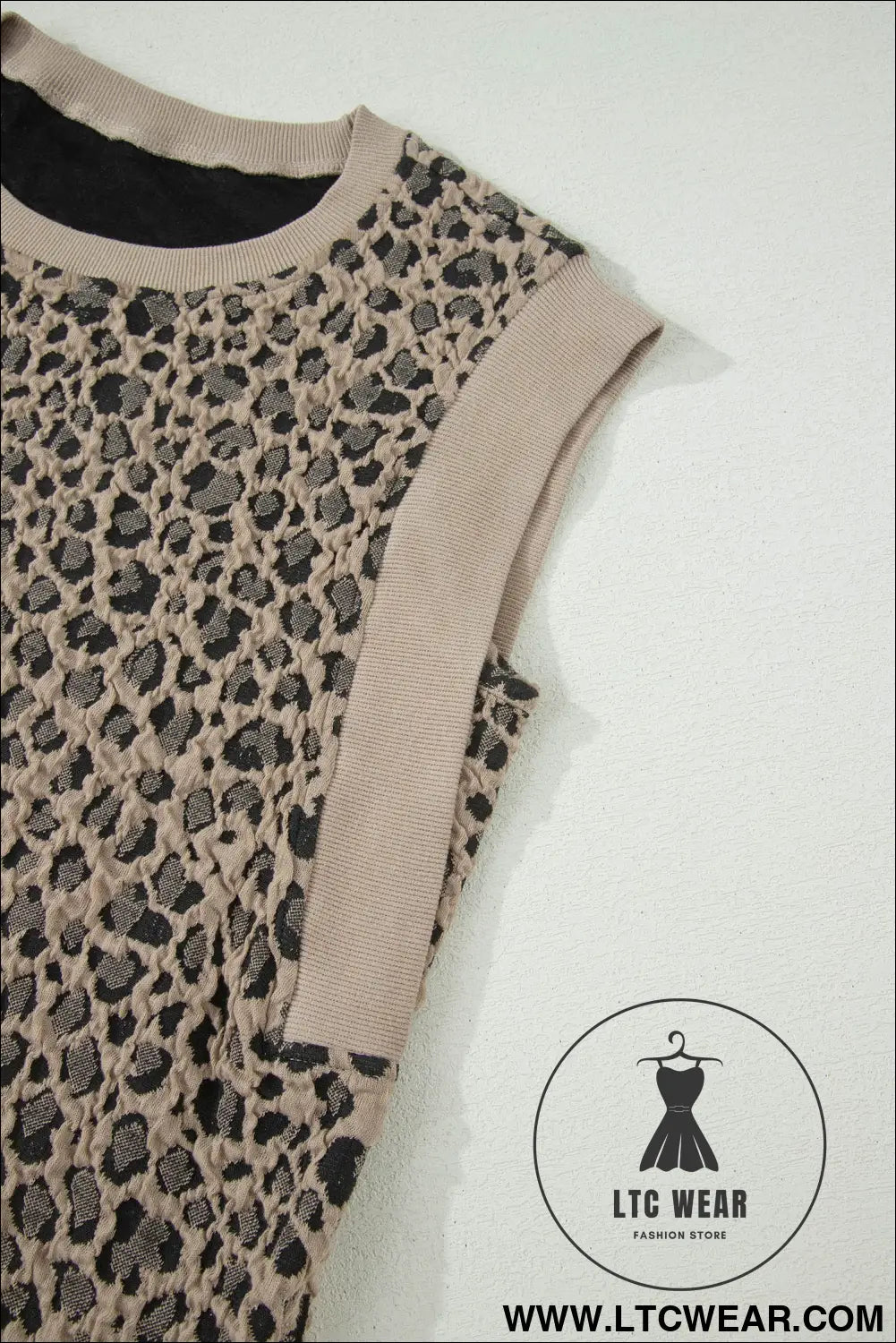 Khaki leopard textured sleeveless mini dress with pockets - mini dresses