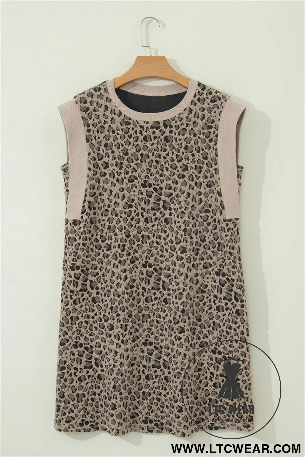 Khaki leopard textured sleeveless mini dress with pockets - mini dresses