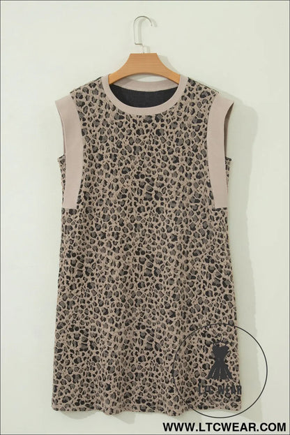 Khaki leopard textured sleeveless mini dress with pockets - mini dresses