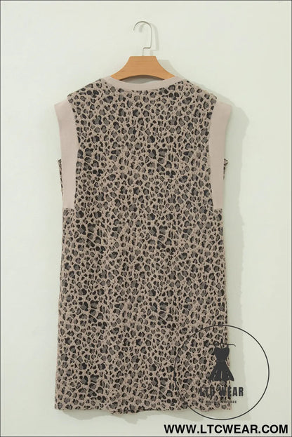 Khaki leopard textured sleeveless mini dress with pockets - mini dresses