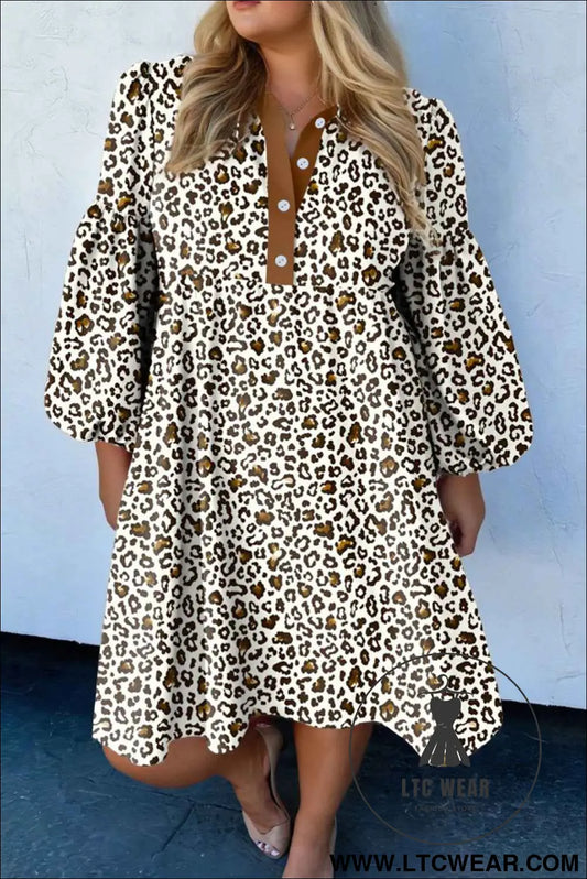 Khaki Plus Size Button V Neck Leopard Print Puff Sleeve Loose Mini Dress