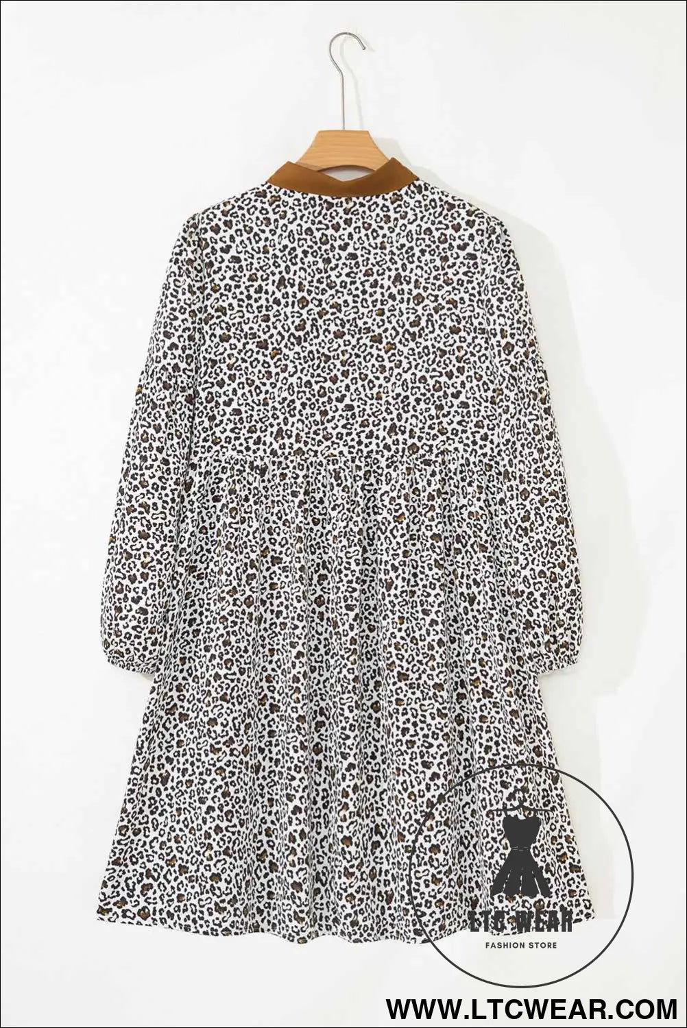 Khaki Plus Size Button V Neck Leopard Print Puff Sleeve Loose Mini Dress