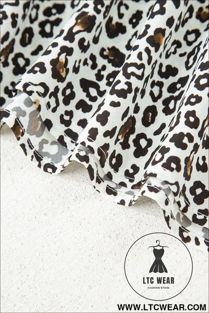 Khaki Plus Size Button V Neck Leopard Print Puff Sleeve Loose Mini Dress - L.T.C Wear Online Fashion Store