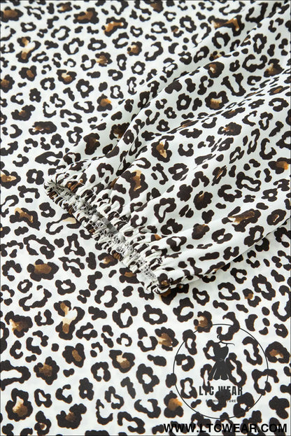 Khaki Plus Size Button V Neck Leopard Print Puff Sleeve Loose Mini Dress - L.T.C Wear Online Fashion Store