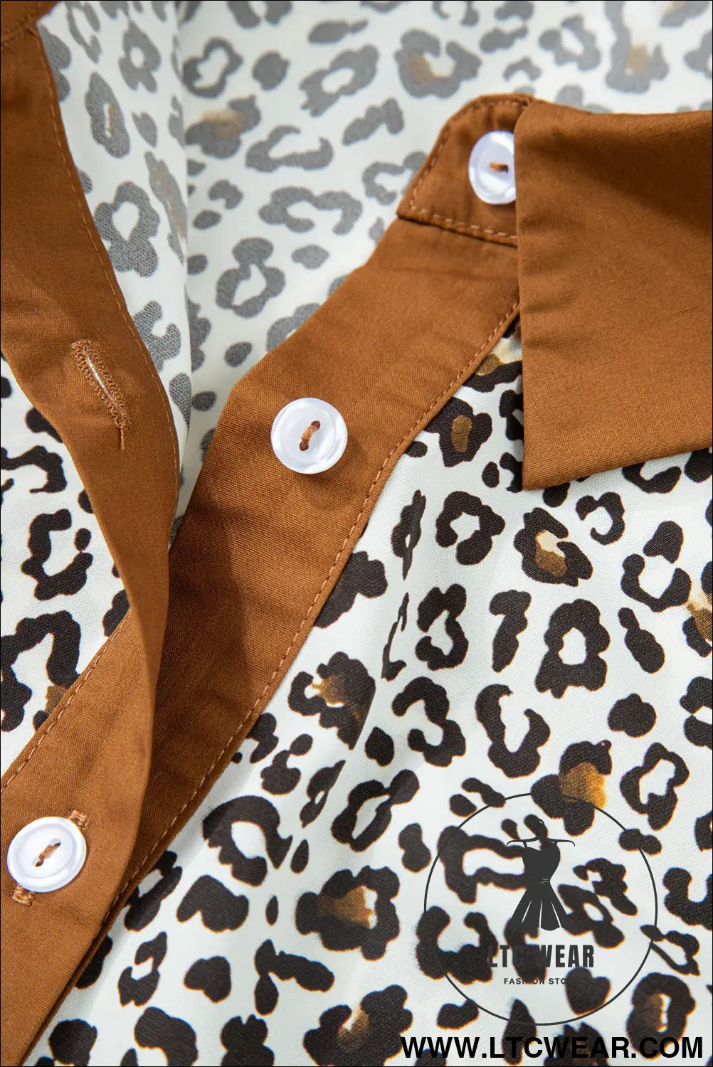 Khaki Plus Size Button V Neck Leopard Print Puff Sleeve Loose Mini Dress - L.T.C Wear Online Fashion Store