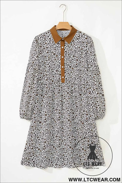 Khaki Plus Size Button V Neck Leopard Print Puff Sleeve Loose Mini Dress