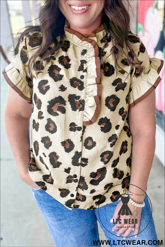 Khaki Plus Size Leopard Print Frilled Color Block Trim Button Down Short Sleeve Blouse