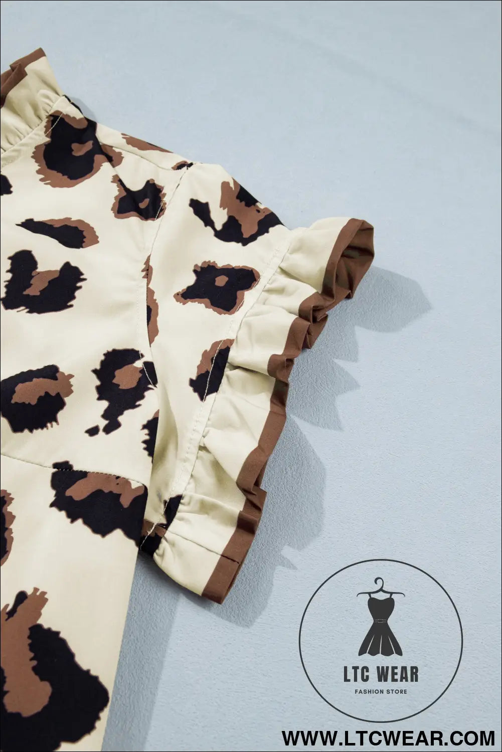 Khaki Plus Size Leopard Print Frilled Color Block Trim Button Down Short Sleeve Blouse - L.T.C Wear Online Fashion Store